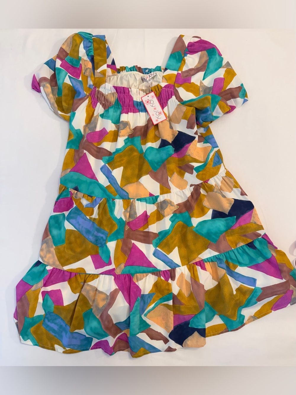 Joy Joy Abstract Watercolor Boho Print Dress w Puff Sleeves in Small NWT